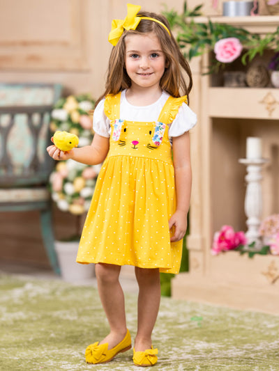 Girls Casual Easter Sets | White Top & Polka Dot Bunny Overall Dress