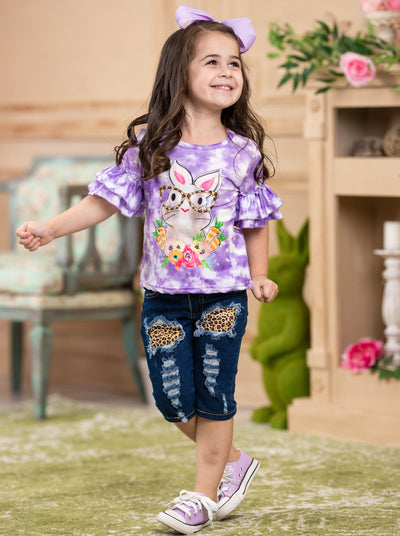 Girls Easter-themed set features a purple tie-dye top with bunny graphic and leopard print patched jeans with sash for 2T to 10Y toddlers and girls