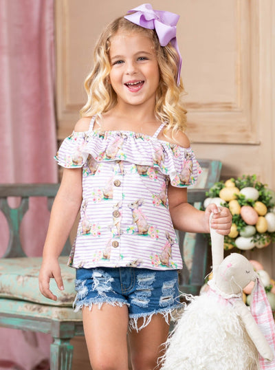 Girls Easter striped cold-shoulder top with faux buttons and bunny print and distressed denim shorts 2T-10Y for toddlers and girls