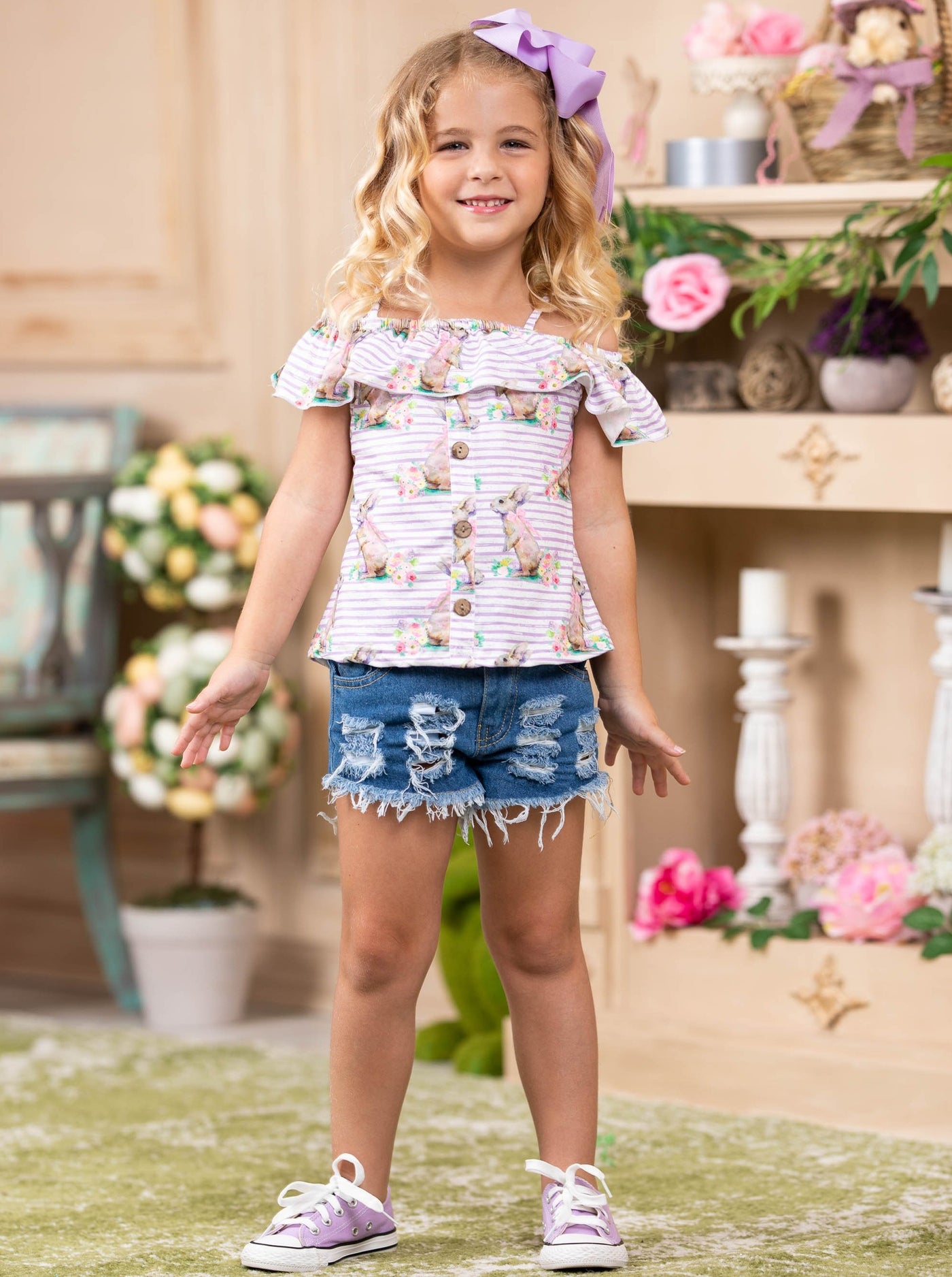 Girls Easter striped cold-shoulder top with faux buttons and bunny print and distressed denim shorts 2T-10Y for toddlers and girls