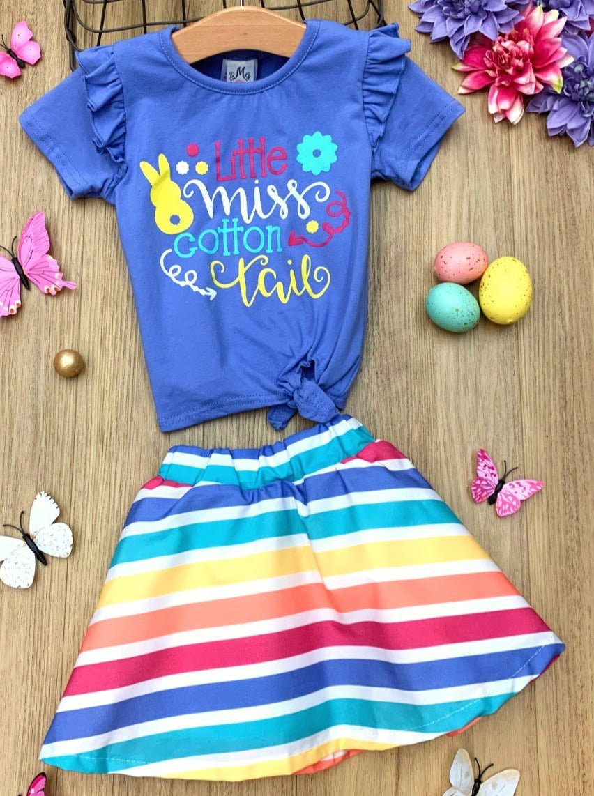 girls easter blue knot-hem top with "Little Miss Cotton Tail" print and a rainbow skirt 2T-10Y