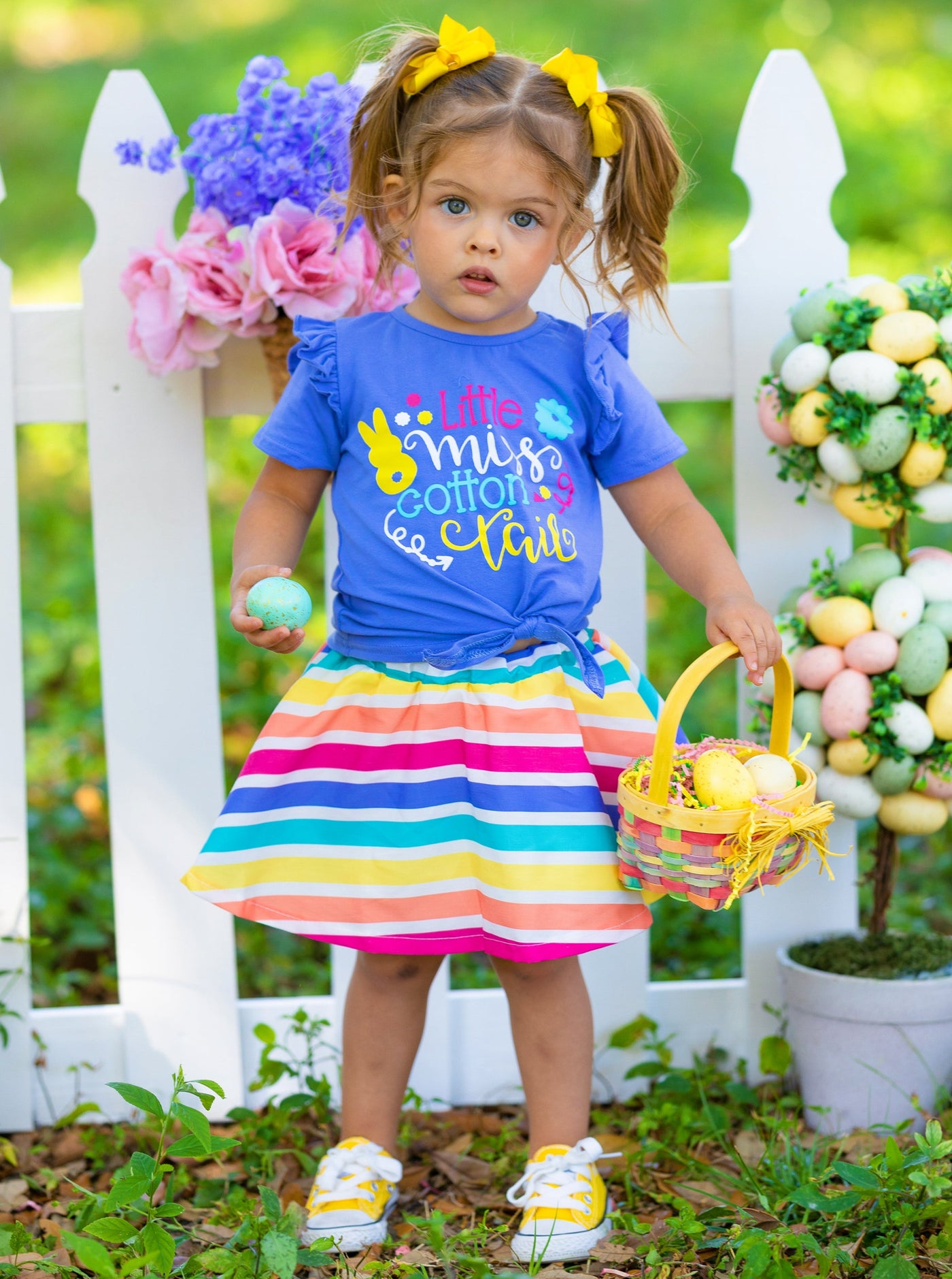 girls easter blue knot-hem top with "Little Miss Cotton Tail" print and a rainbow skirt 2T-10Y