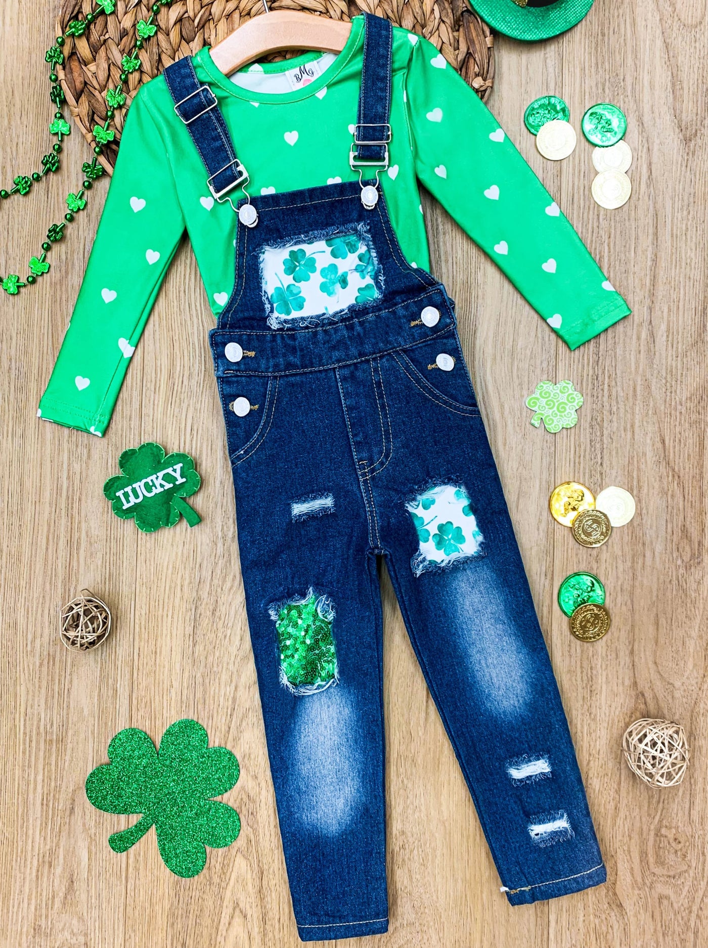 Girls St. Patrick's Day Top with Patched Denim Overall Set 2T-10Y St Patrick's Day