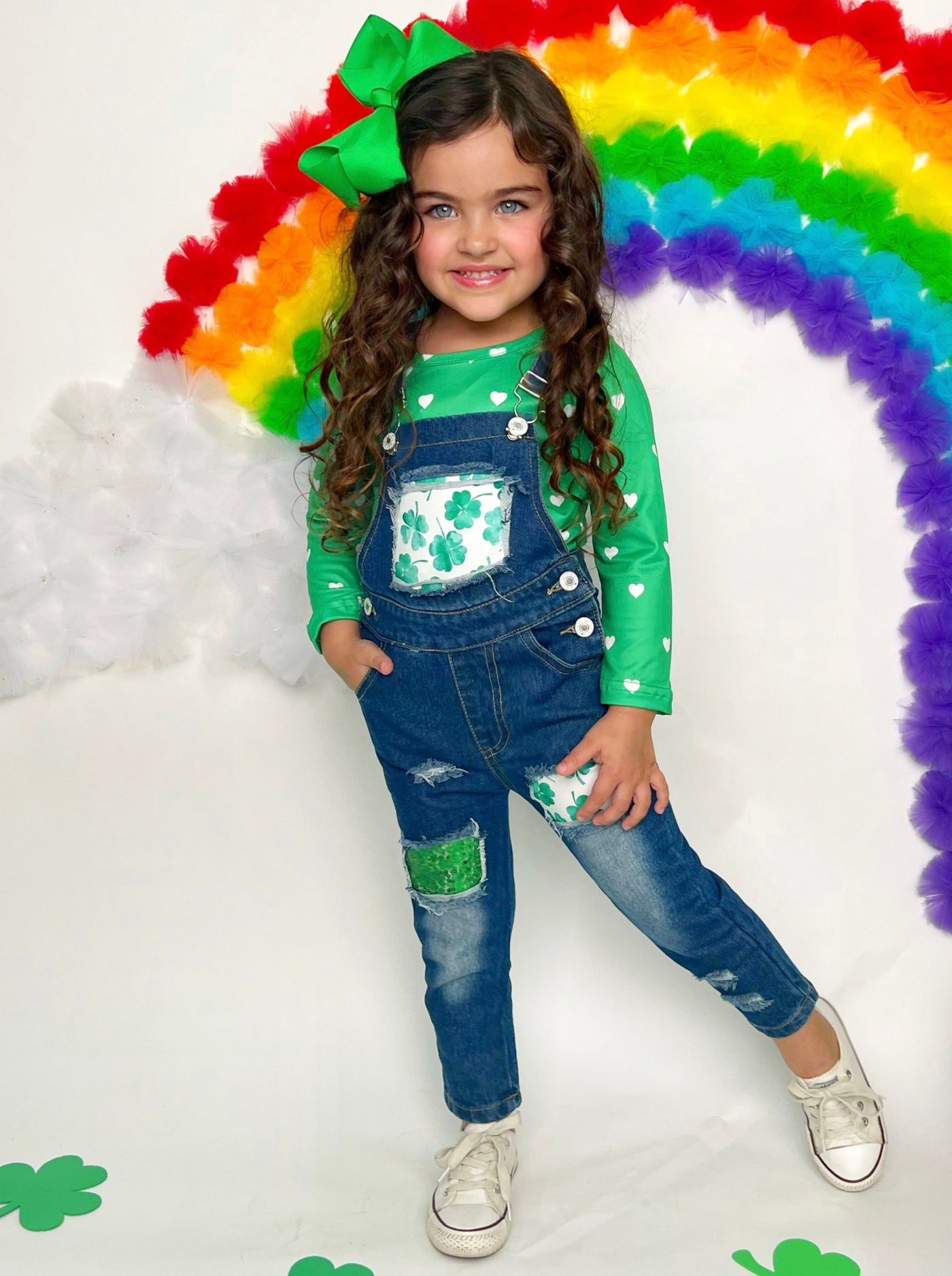 Girls St. Patrick's Day Top Patched Denim Overall Set - Mia Belle Girls