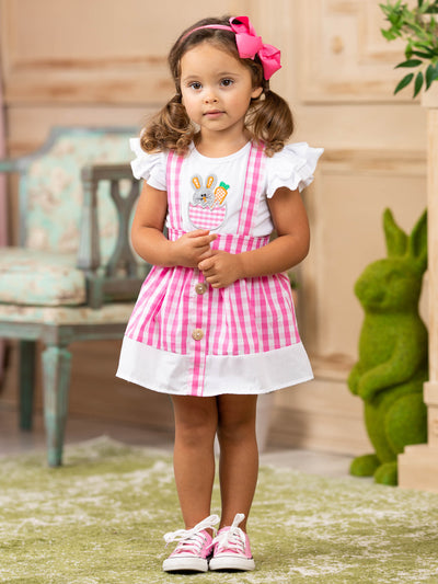 girls spring set features a white top with ruffle sleeves and bunny applique and a plaid skirt with suspenders and faux buttons and a white hem 2T to 10Y