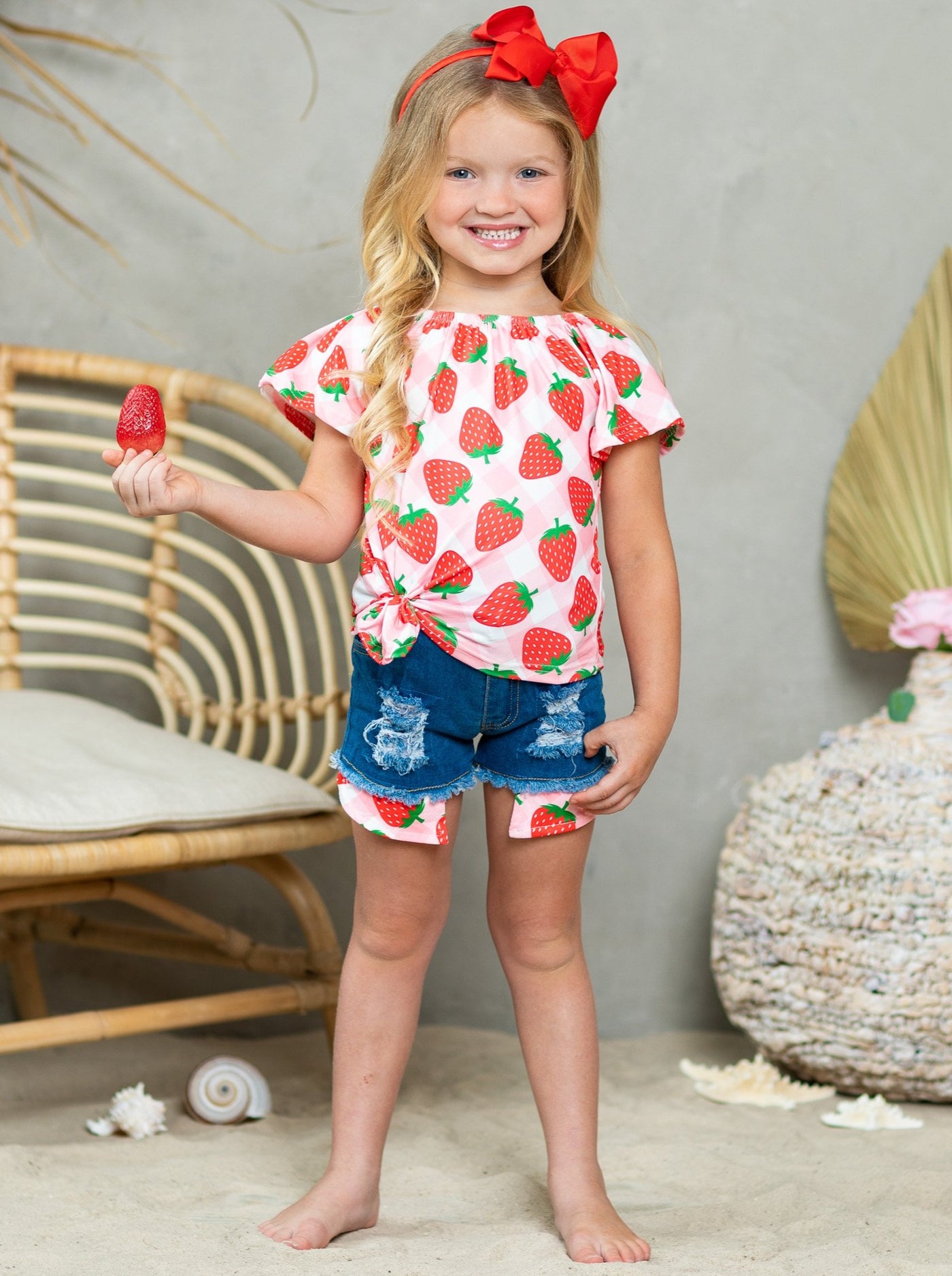 Girls Spring Outfits | Strawberry Top & Matching Denim Shorts Set