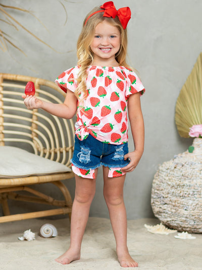 Girls Spring Outfits | Strawberry Top & Matching Denim Shorts Set