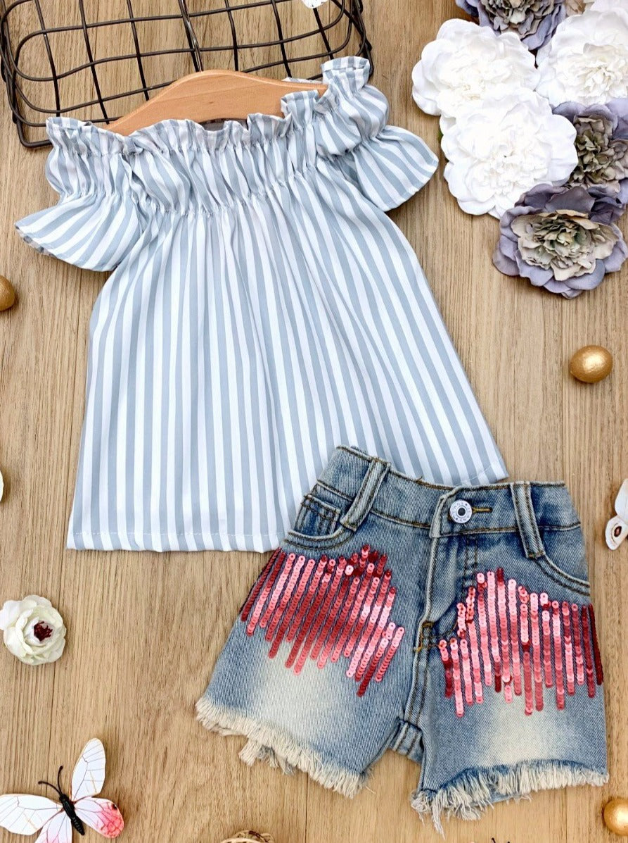 Toddler Spring Clothes | Girls Striped Top & Sequin Denim Short Set