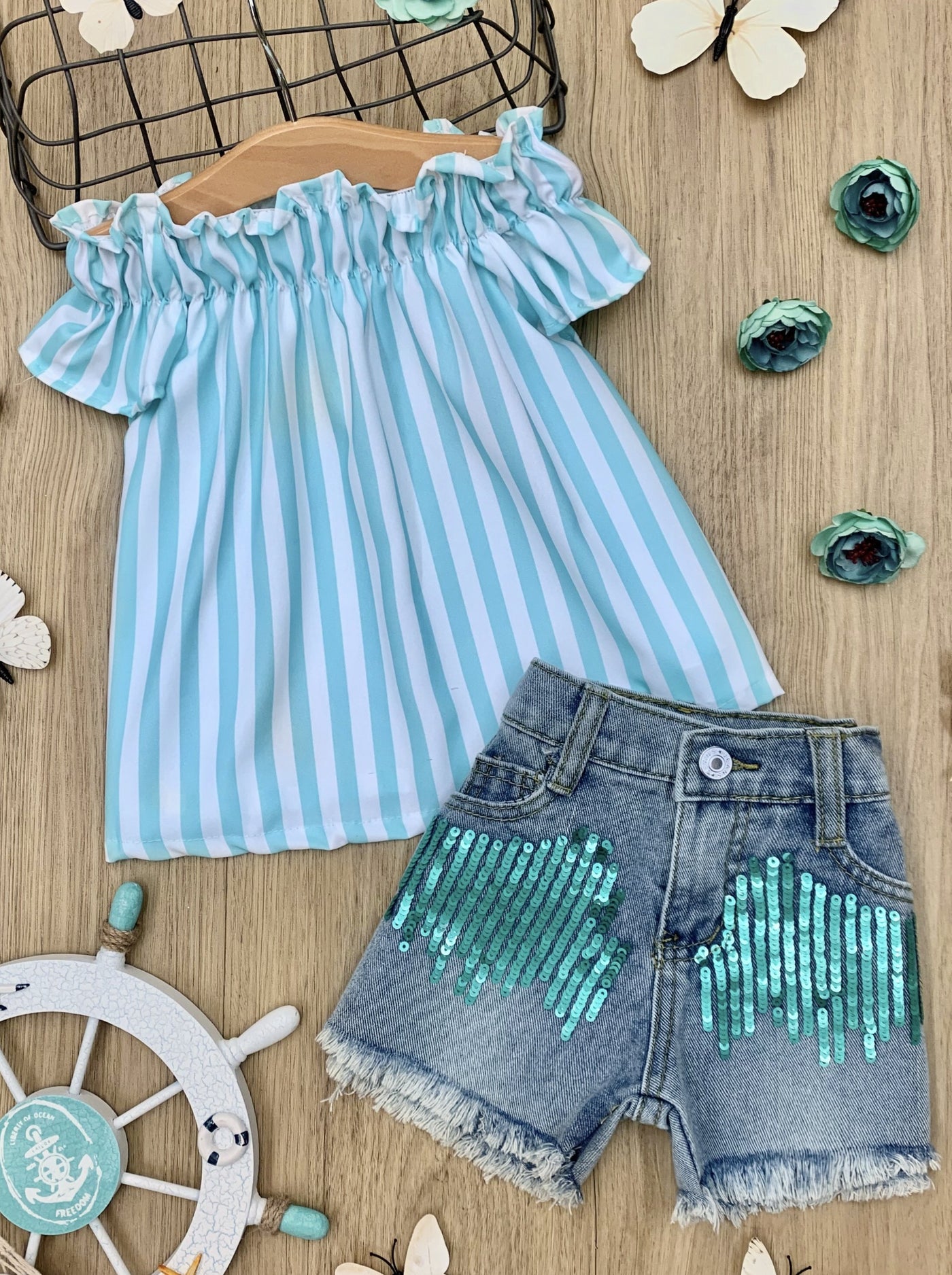 Toddler Spring Outfit | Girls Striped Top & Sequin Denim Short Set