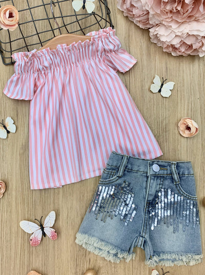 Toddler Spring Outfit | Girls Striped Top & Sequin Denim Short Set