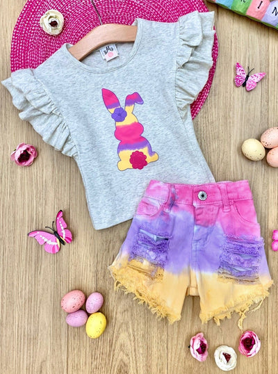 girls Easter grey top with colorful bunny print and distressed tie-dye denim shorts 2T-10Y