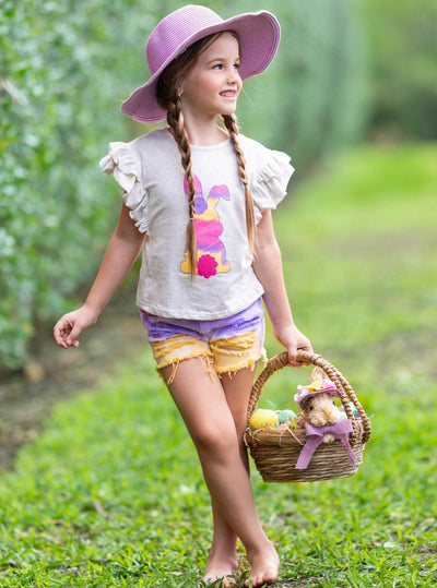 girls Easter grey top with colorful bunny print and distressed tie-dye denim shorts 2T-10Y