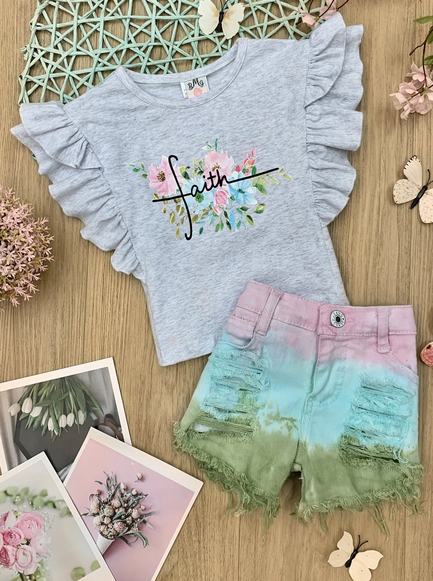 Toddler Spring Outfits | Girls Faith Top & Denim Tie Dye Shorts Set 