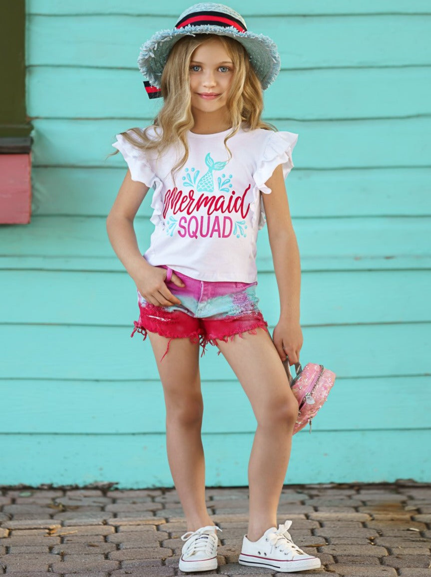 Girls set features a white ruffled top with "Mermaid Squad" graphics and tie-dye denim short