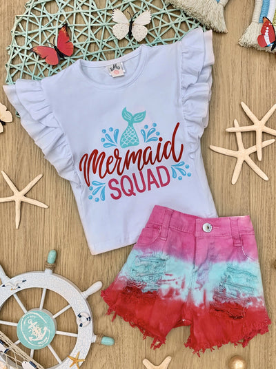 Girls set features a white ruffled top with "Mermaid Squad" graphics and tie-dye denim short