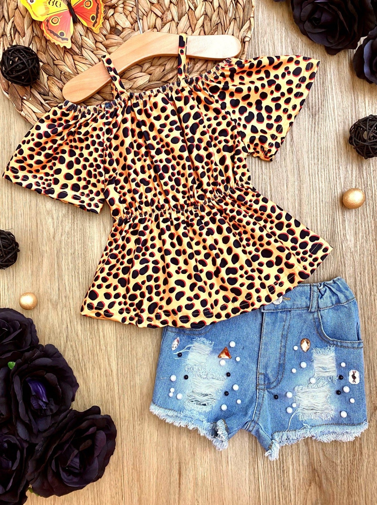 Girls Spring Outfits | Leopard Ruffle Top & Pearled Denim Shorts Set