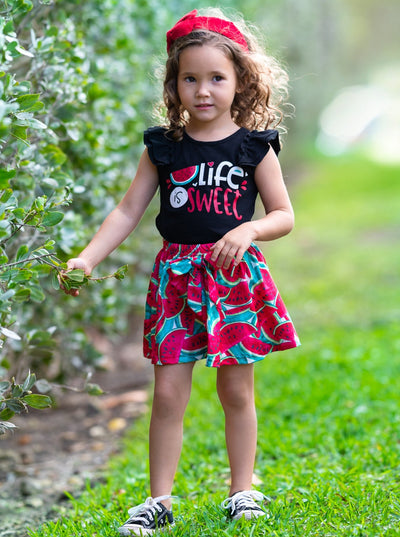 Girls Spring black top with "Life is Sweet"print and skirt with watermelon print 2T-10Y