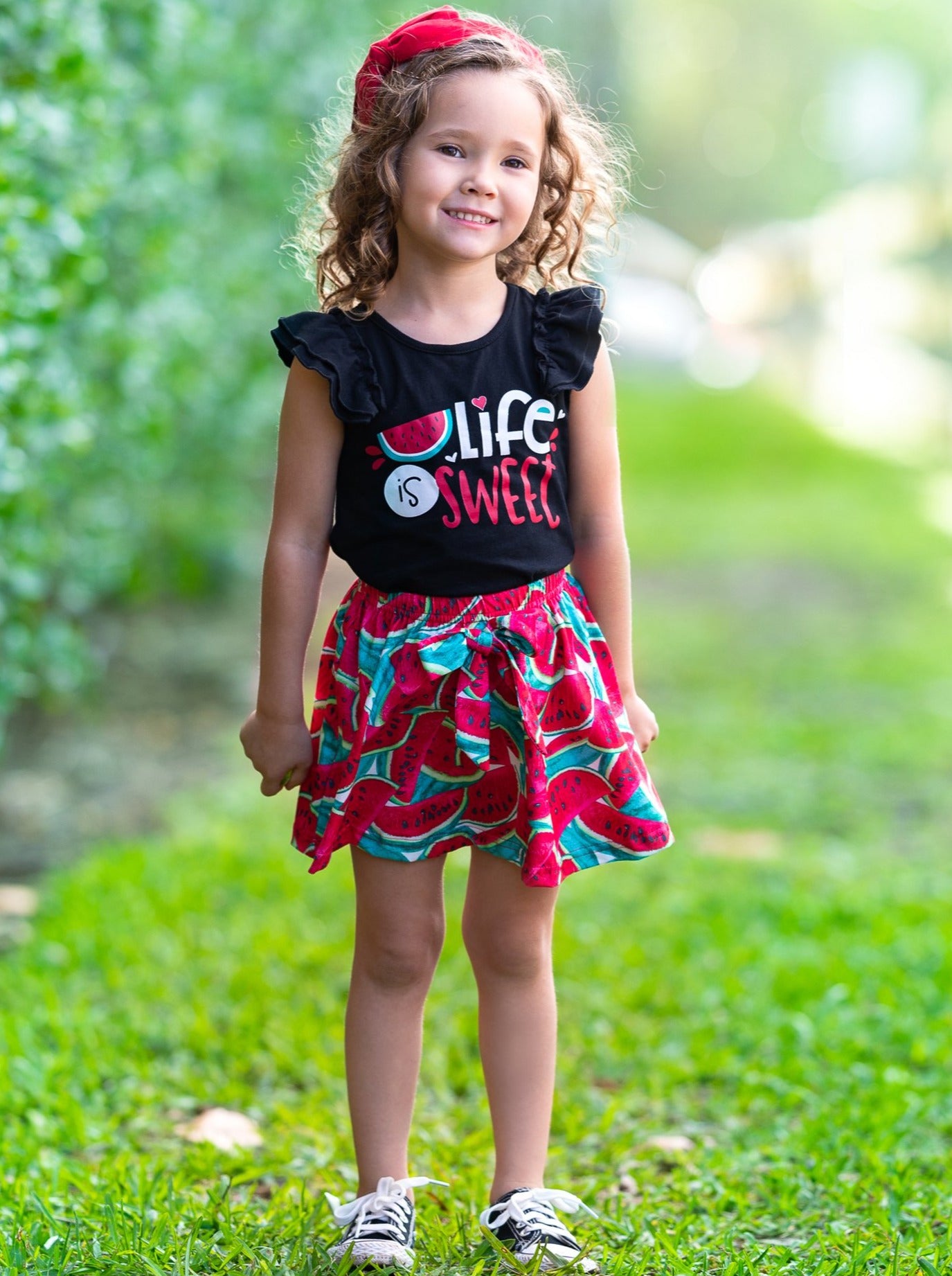 Girls Spring black top with "Life is Sweet"print and skirt with watermelon print 2T-10Y