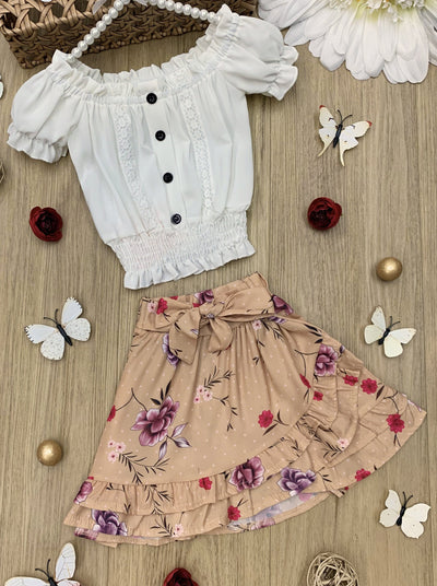 Toddler Spring Outfits | Girls Smocked Top & Floral Wrap Skirt Set
