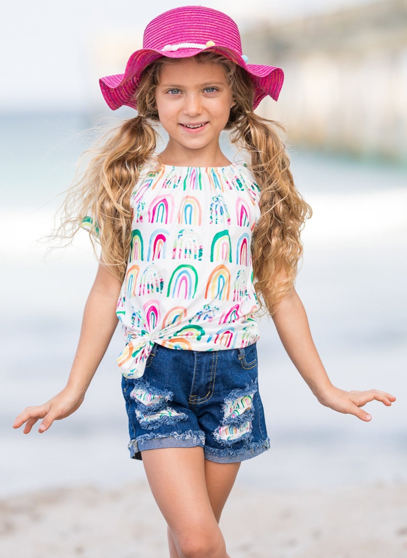 girls white rainbow top with denim shorts with sash 2T-10Y