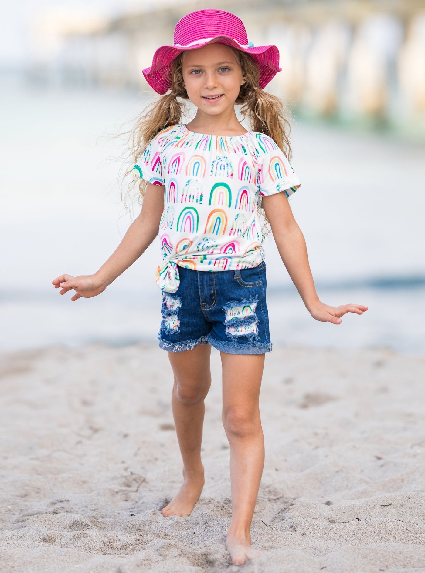 girls white rainbow top with denim shorts with sash 2T-10Y