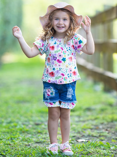 Girls white top with floral print and distressed denim shorts with floral patches 2T-10Y