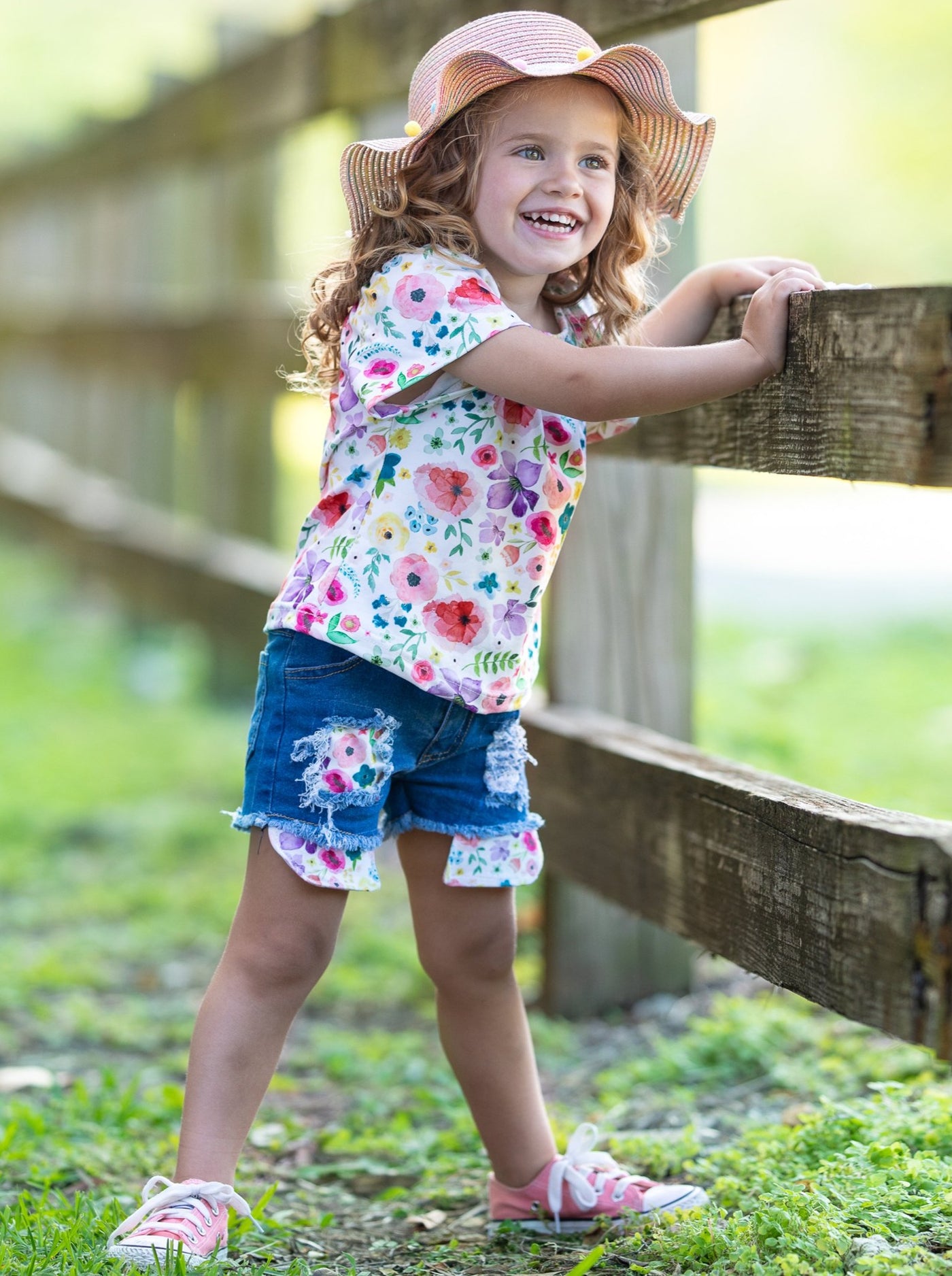 Girls white top with floral print and distressed denim shorts with floral patches 2T-10Y