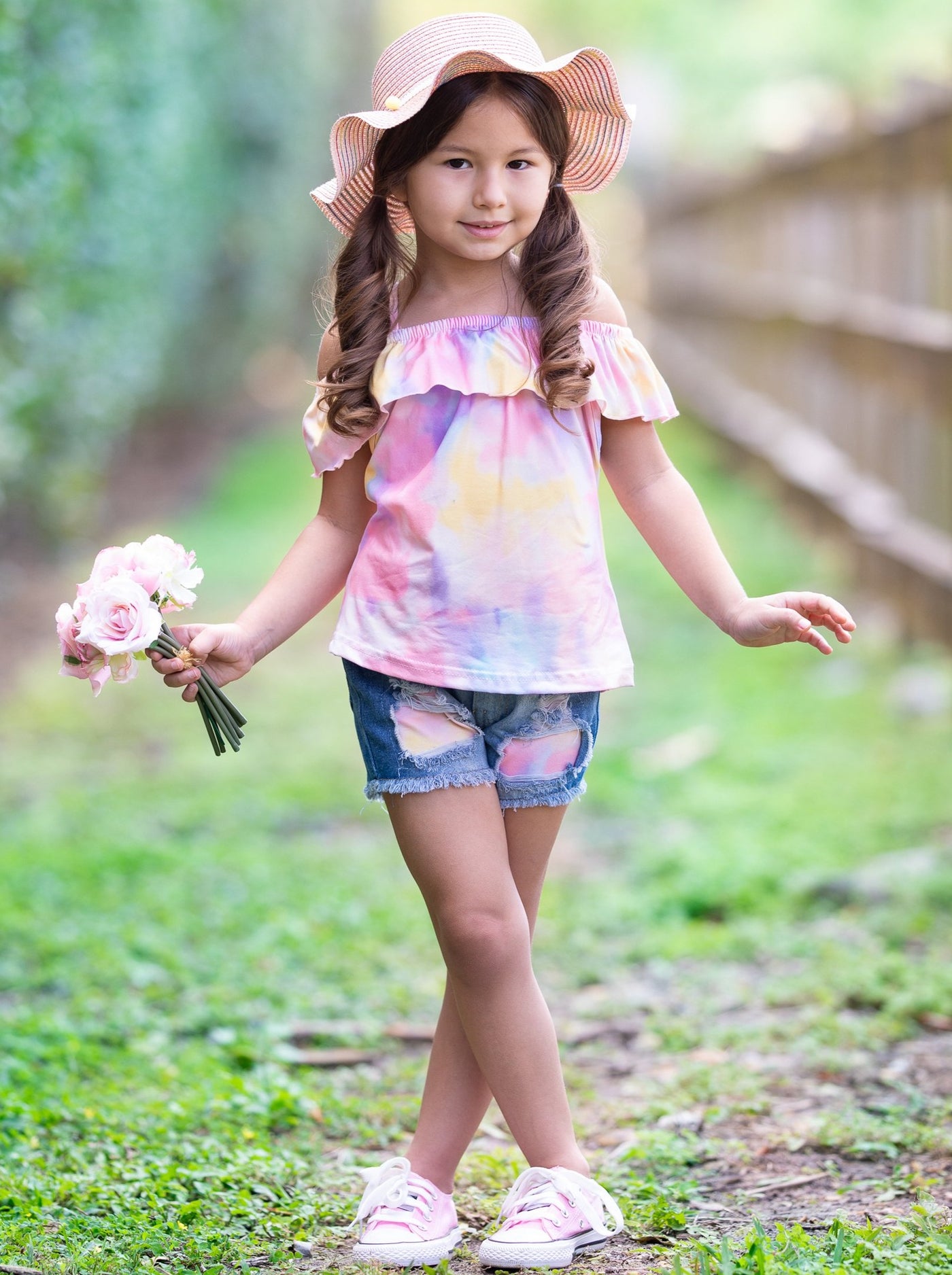 Girl Spring set features a cold-shoulder tie-dye top with matching patched denim shorts 2T-10Y