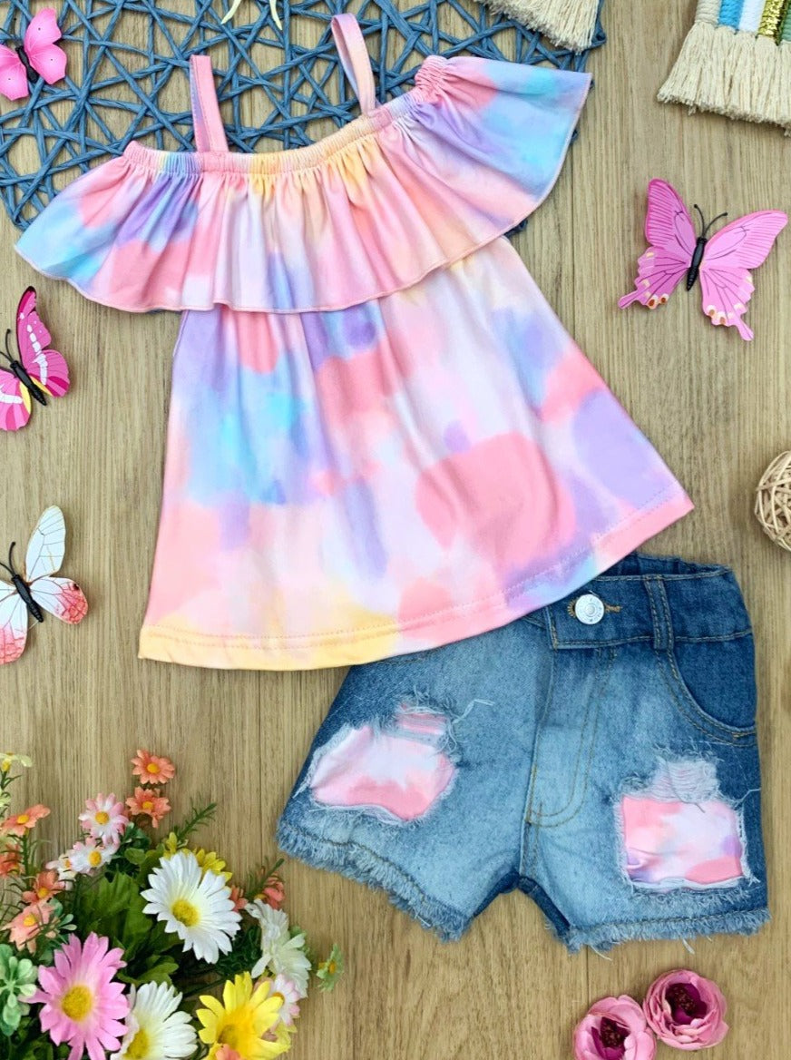 Girls Cold-Shoulder Tie Dye Top And Patched Denim Shorts Set - Mia ...