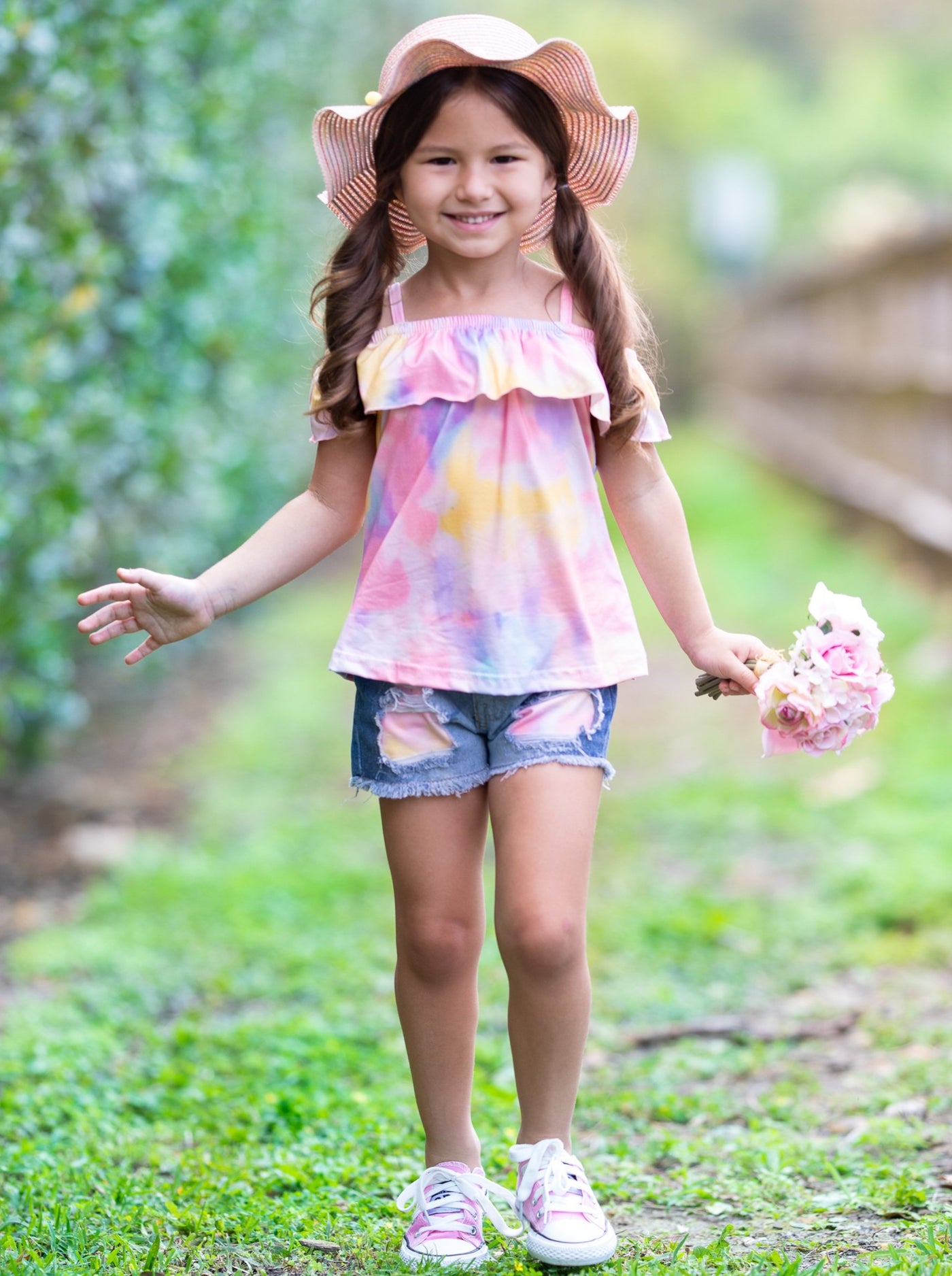 Girl Spring set features a cold-shoulder tie-dye top with matching patched denim shorts 2T-10Y