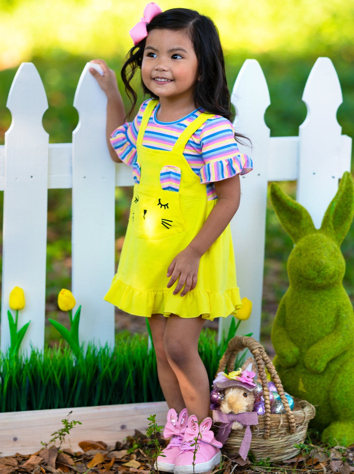 Mia Belle Girls Striped Bunny Overall Dress | Easter Casual Dresses