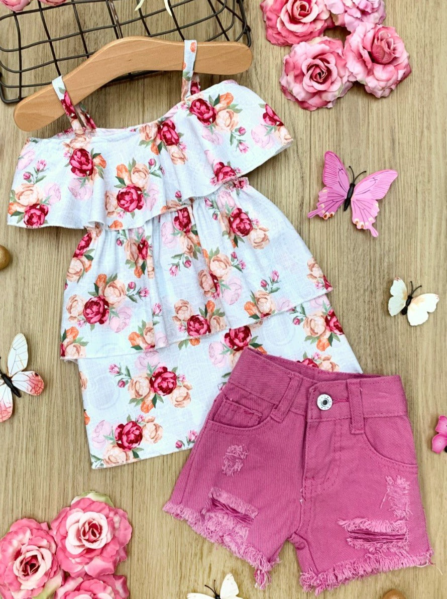 Girls Spring floral off-shoulder top with ruffles and lilac distressed denim shorts 2T-10Y