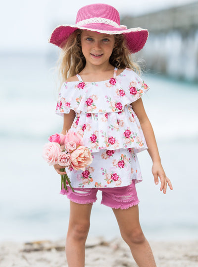 Girls Spring floral off-shoulder top with ruffles and lilac distressed denim shorts 2T-10Y
