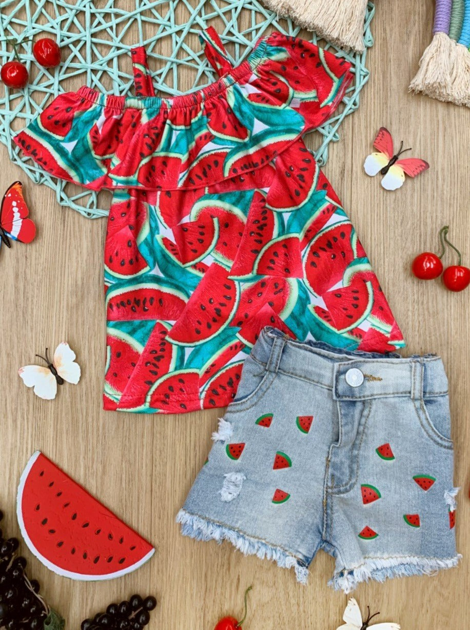 Girls Spring Outfits | Watermelon Ruffled Top & Denim Shorts Set