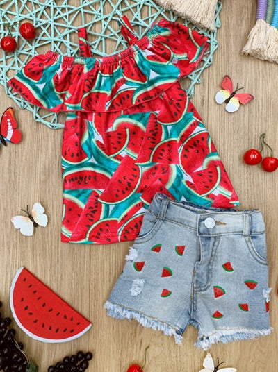 Girls Spring Outfits | Watermelon Ruffled Top & Denim Shorts Set