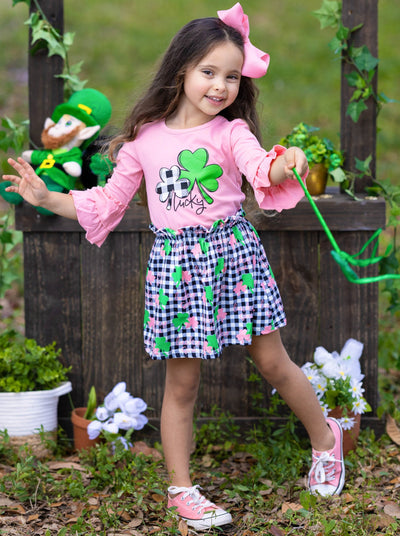 St. Patrick's Day Clothes | Girls Ruffled Top & Plaid Clover Skirt Set