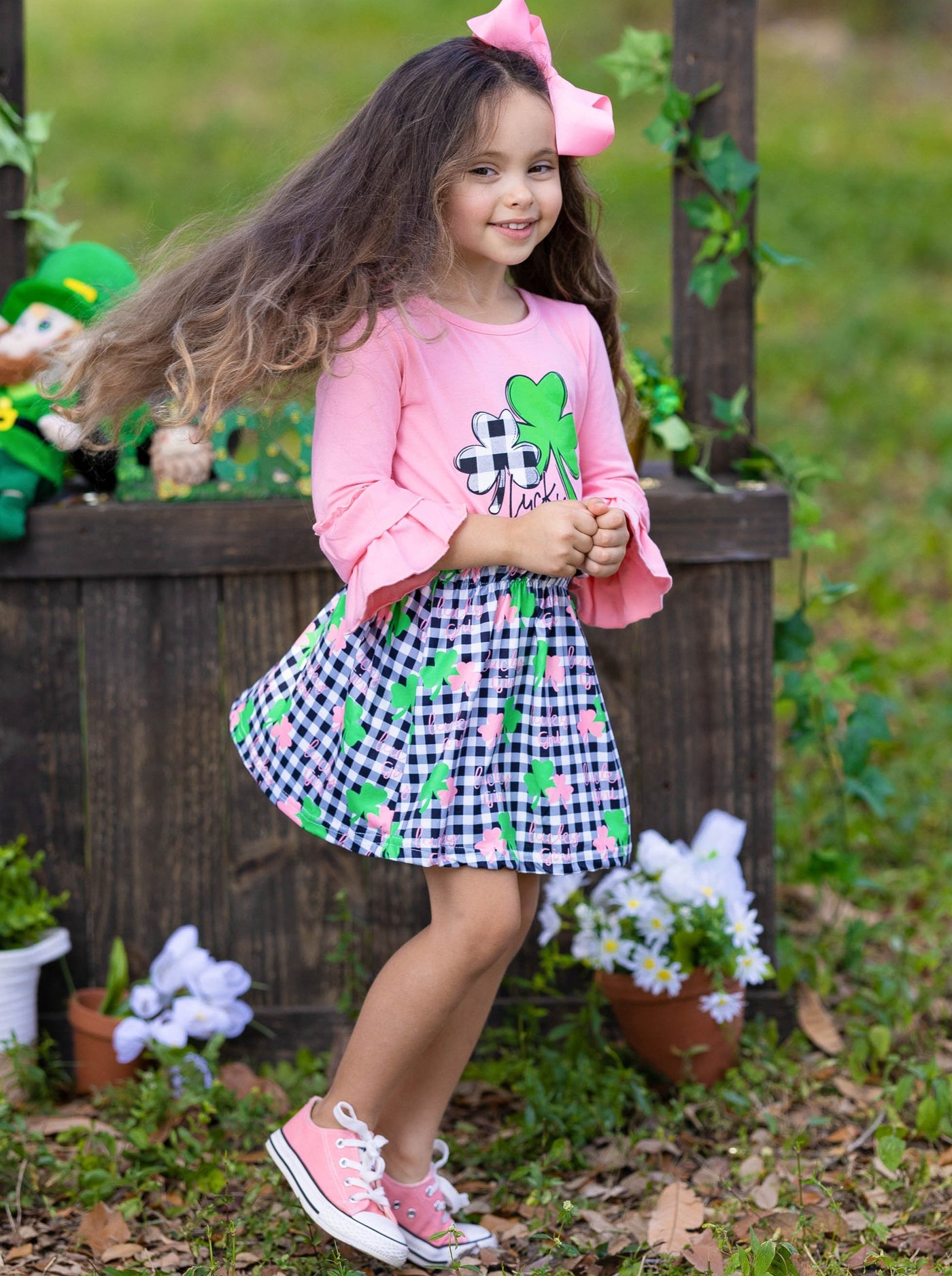 St. Patrick's Day Clothes | Girls Ruffled Top & Plaid Clover Skirt Set