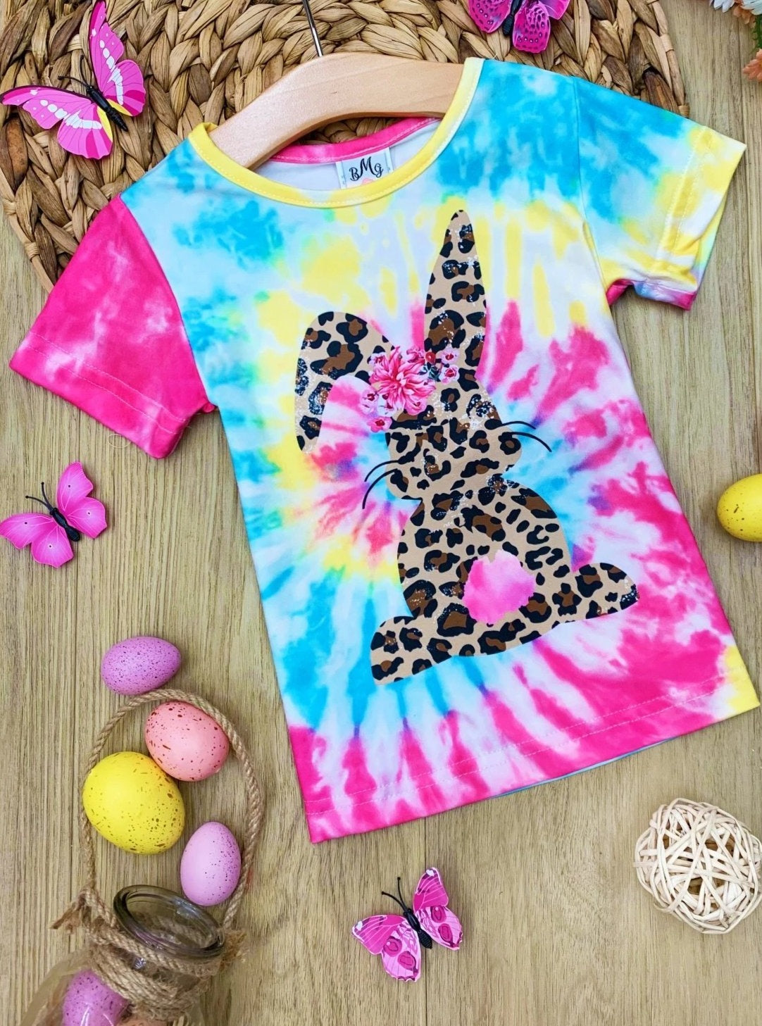 Kids Causal Easter Clothes |  Girls Leopard Print Bunny Tie Dye Top