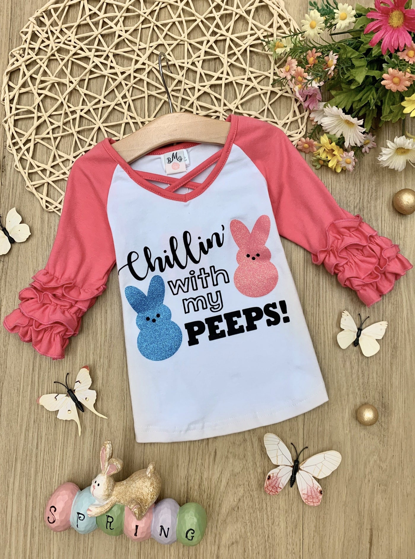 Kids Easter Tops | Girls "Chilling With my Peeps" Easter Raglan Top