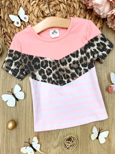 Toddler Spring Tops | Girls Leopard Print Striped Colorblock Top