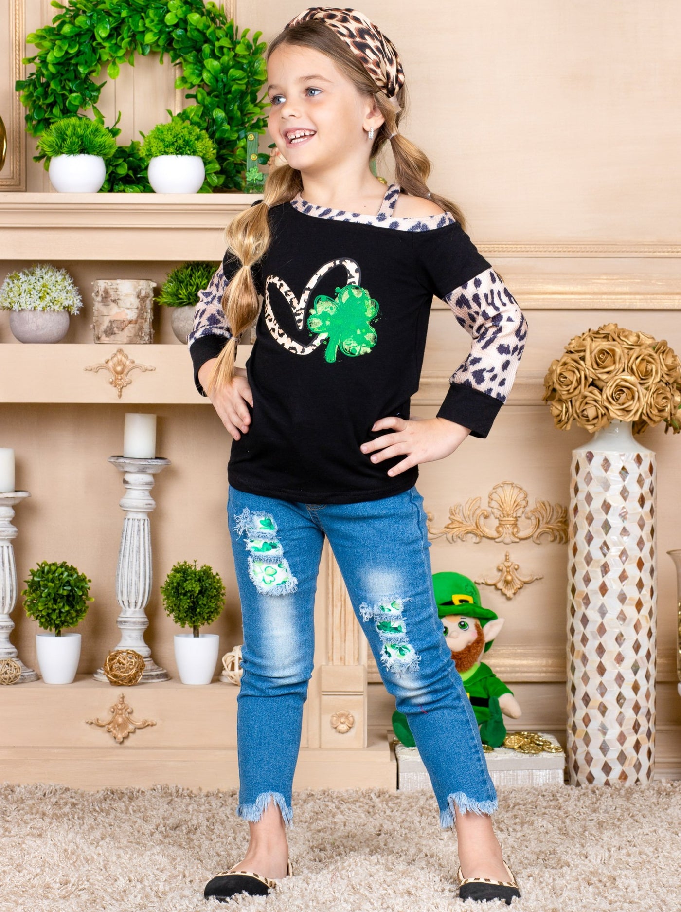 St. Patrick's Day Clothes | Girls Clover One Shoulder Long Sleeved Top