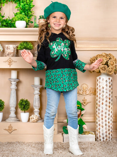 St. Patrick's Day Clothes | Girls Lucky Clover Leopard Print Hoodie