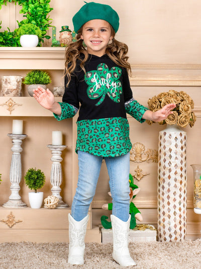 St. Patrick's Day Clothes | Girls Lucky Clover Leopard Print Hoodie