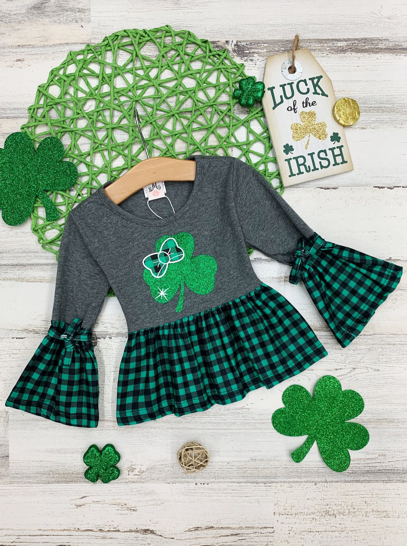 St. Patrick's Day Clothes | Girls Plaid Ruffle Hem & Sleeve Clover Top