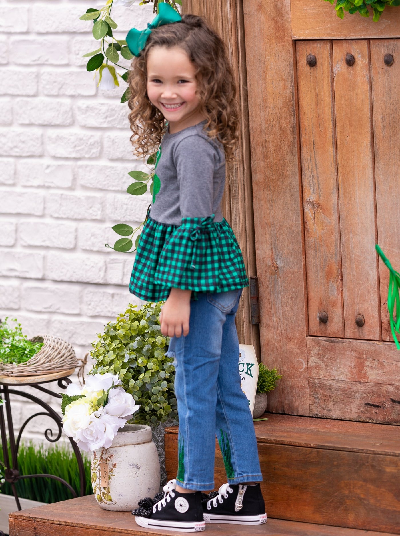 St. Patrick's Day Clothes | Girls Plaid Ruffle Hem & Sleeve Clover Top