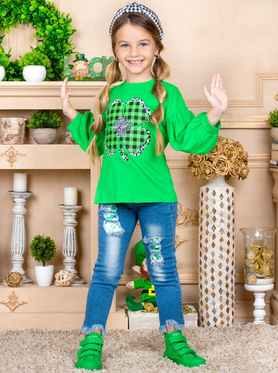 Girls Long Sleeved Plaided Clover Applique Top 2T-10Y Spring St Patricks Day