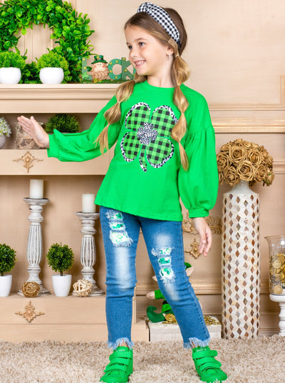 Girls Long Sleeved Plaided Clover Applique Top 2T-10Y Spring St Patricks Day