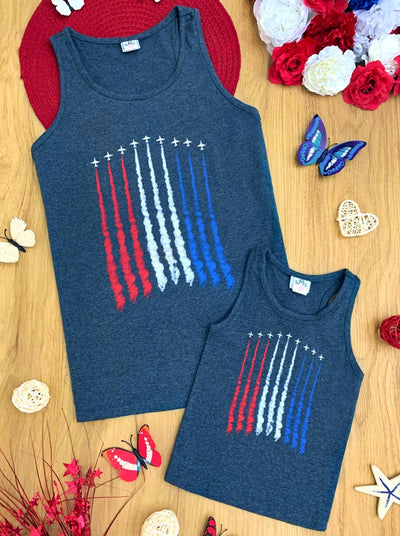 Mommy and Me grey tank top features a plane air show print with patriotic colors