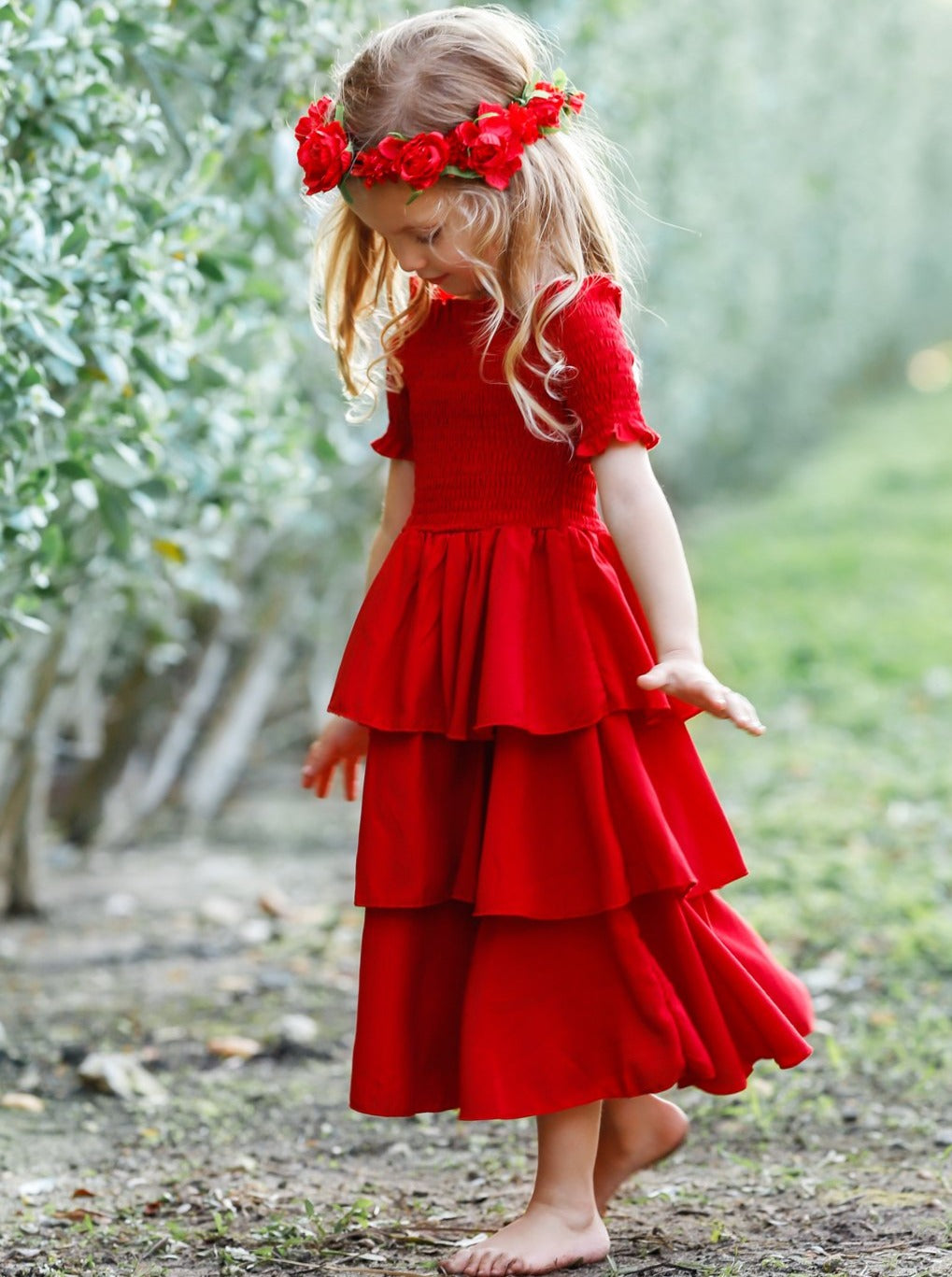 Girls Off The Shoulder Tiered Ruffle Dress - Red / 3T - Girls Spring Casual Dress