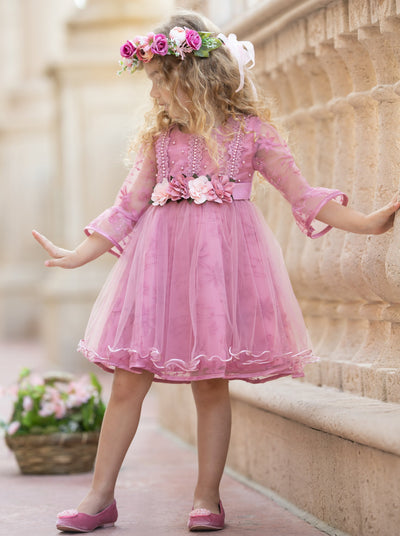 Girls Floral Beaded Long Sleeve Lace Dress - Girls Spring Dressy Dress
